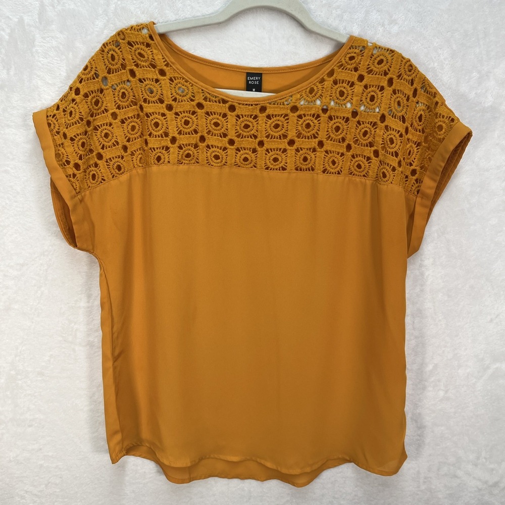 Emery Rose Crochet Detail Short Sleeve Blouse Womens Medium Mustard Yellow Fall